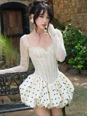 LIZAKOSHT  -  Patchwork Sexy Square Collar Print Polka Dot Women Dress Apricot Long Sleeve A-line Dress Autumn Slim Casual Streetwear