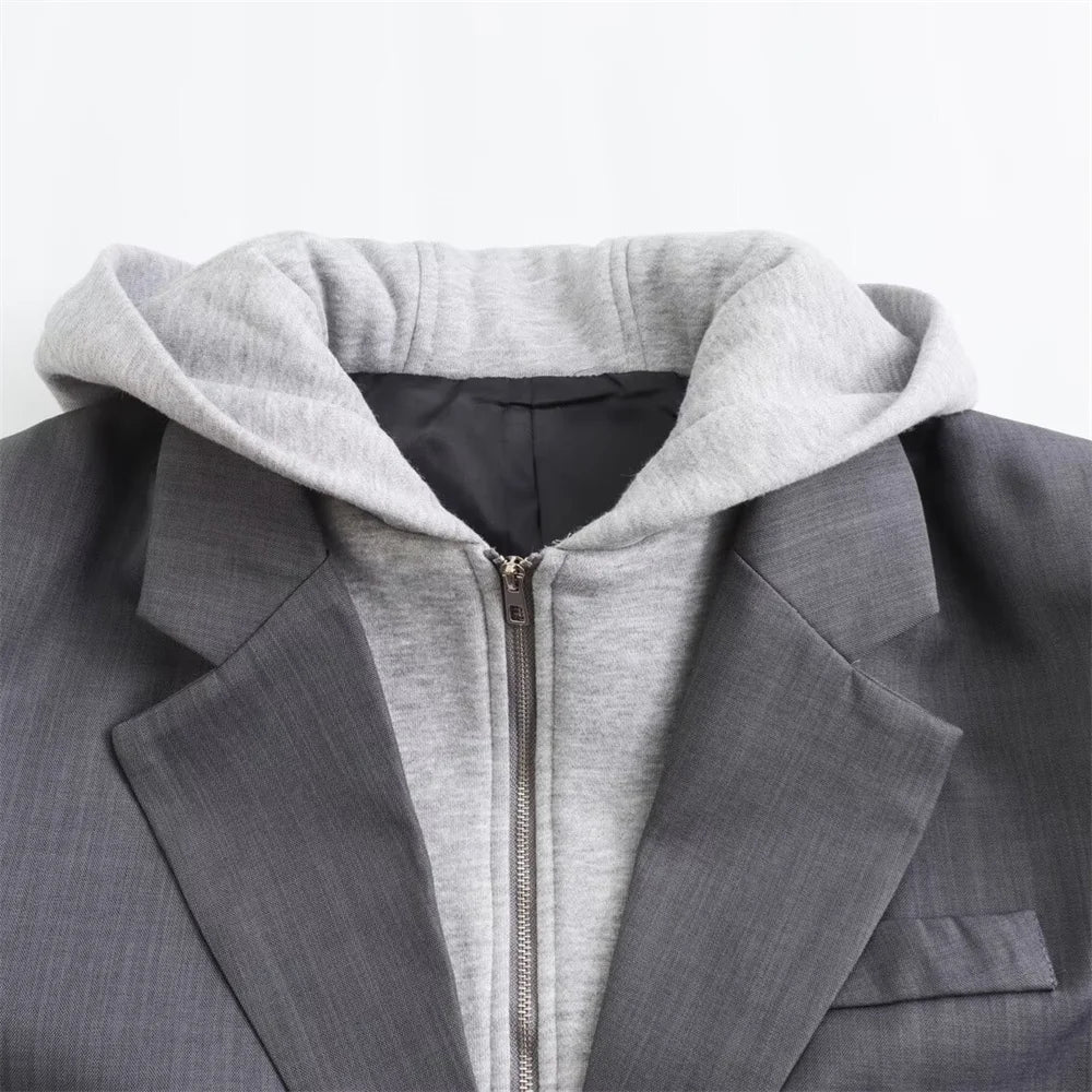 LIZAKOSHT  -  Casual Loose Hooded Blazer Women Elegant Single Breasted Long Sleeve Suit Coat Office Lady 2025 New Autumn Fashion Solid Coats