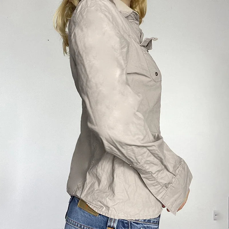 LIZAKOSHT  -  Harajuku Autumn Newly Pockets Flip Collar Buttons Long-sleeved Shirts Work Style Slimming Cardigant Top Blouses for Women