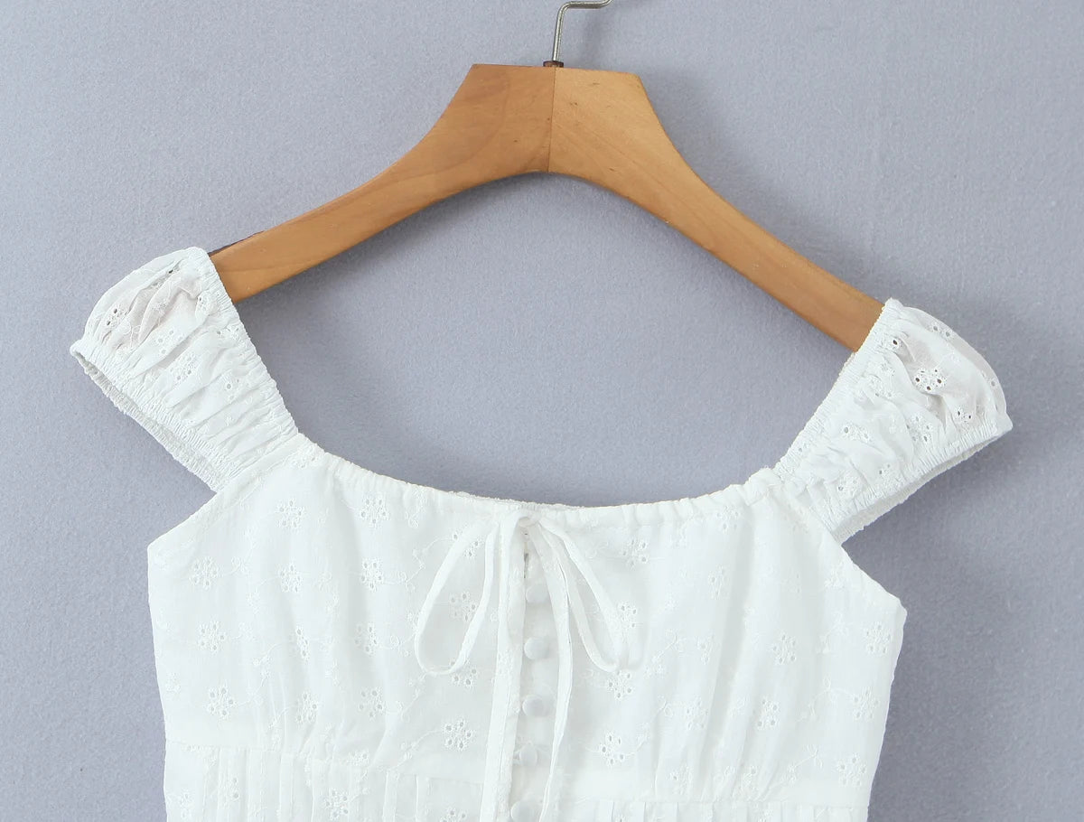 LIZAKOSHT  - Sexy White Hollow Out Hole Bow Collar Elastic Strap Tank Top Slim Corset Women Front Hook Buttons Elastic Back Crop Vest Beach