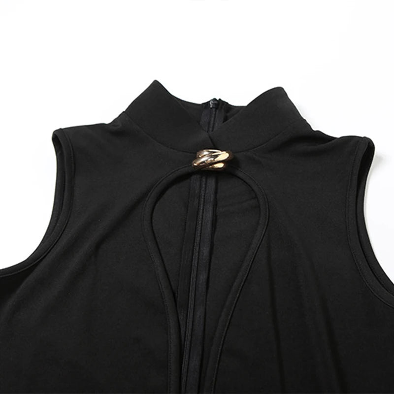 LIZAKOSHT  -  Fashion Metal Decoration Hollow Out Skinny Short Dress High Street Women Slim Sleeveless Stand Collar High Waisted Vestidos