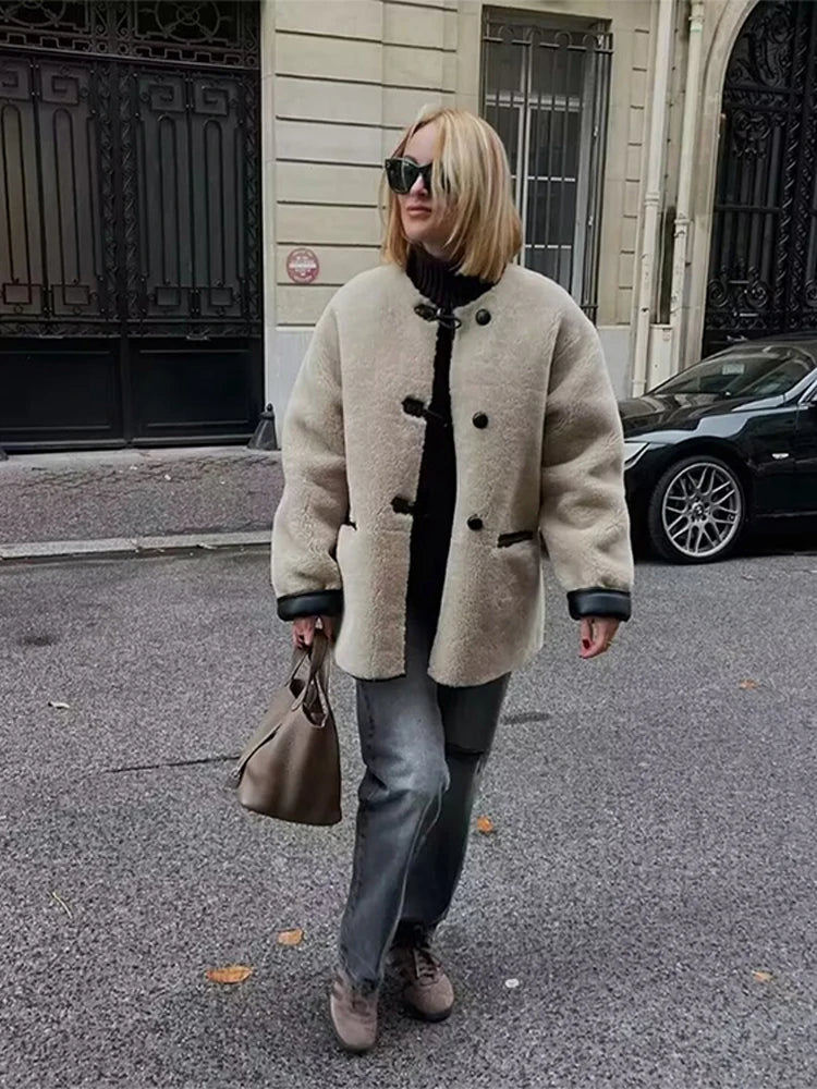LIZAKOSHT  -  Mid Length Leather Fur One-Piece Jacket Coat Knot Buckle Lamb Faux Fur Overcoat Round Neck Women Classic Two Wear Outwear Top