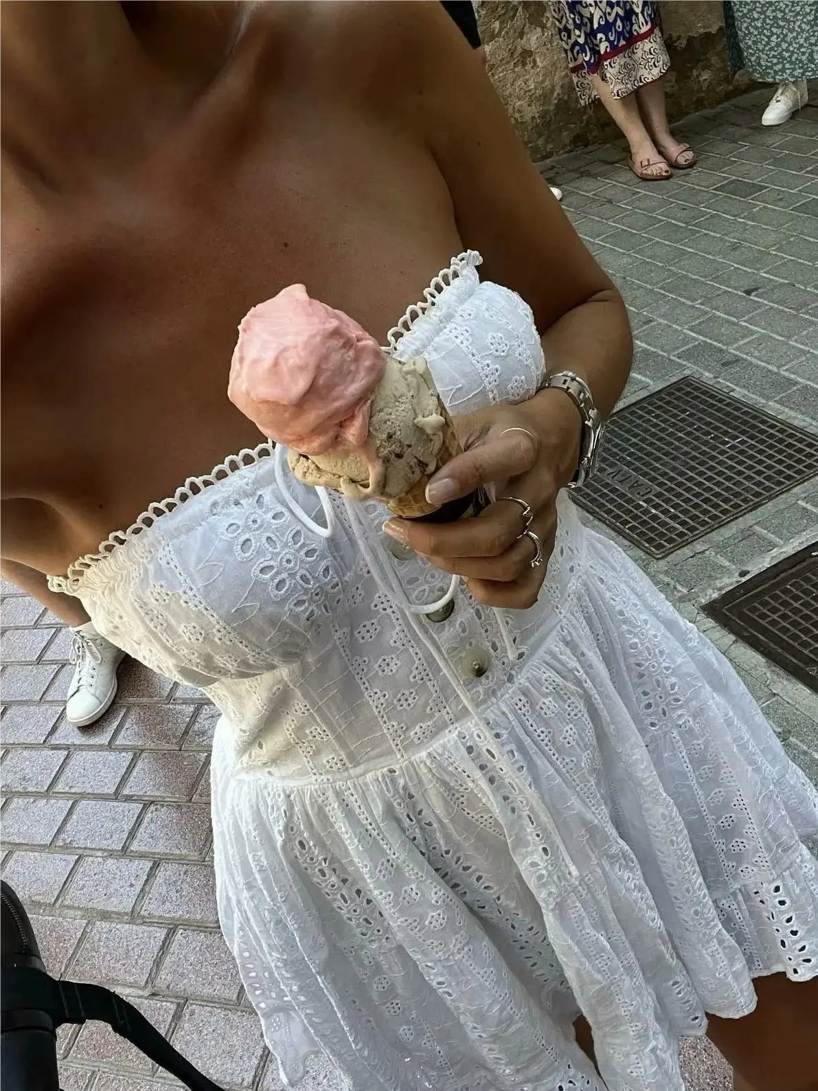 LIZAKOSHT  -  Evening Party Embroideryed Dress Elegant Summer Solid Color White Lace dress Off Shoulder Short Dress Front Tie Back Shirred