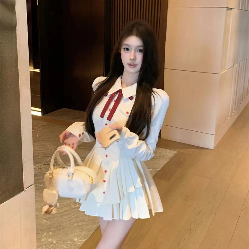 LIZAKOSHT  -  Sweet Bow Mini Dress Women Autumn Long Sleeve Irregular Pleated Patchwork Dresses Kawaii Preppy Button Slim Fit Student Vestidos