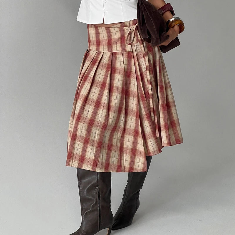 LIZAKOSHT  -  Women Vintage Plaid Midi Skirt Stylish Irregular Hem Bow Tie Pleated Skirts Preppy Cute Y2k Gingham A Line Skirt