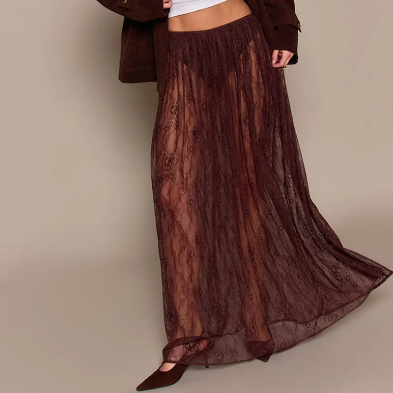 LIZAKOSHT  -  Coquette Grunge Sheer Lace Maxi Skirt Built-in Thongs Design Low Elastic Waist Flowy Skirt Elegant Lady Grunge See-Through Skirt