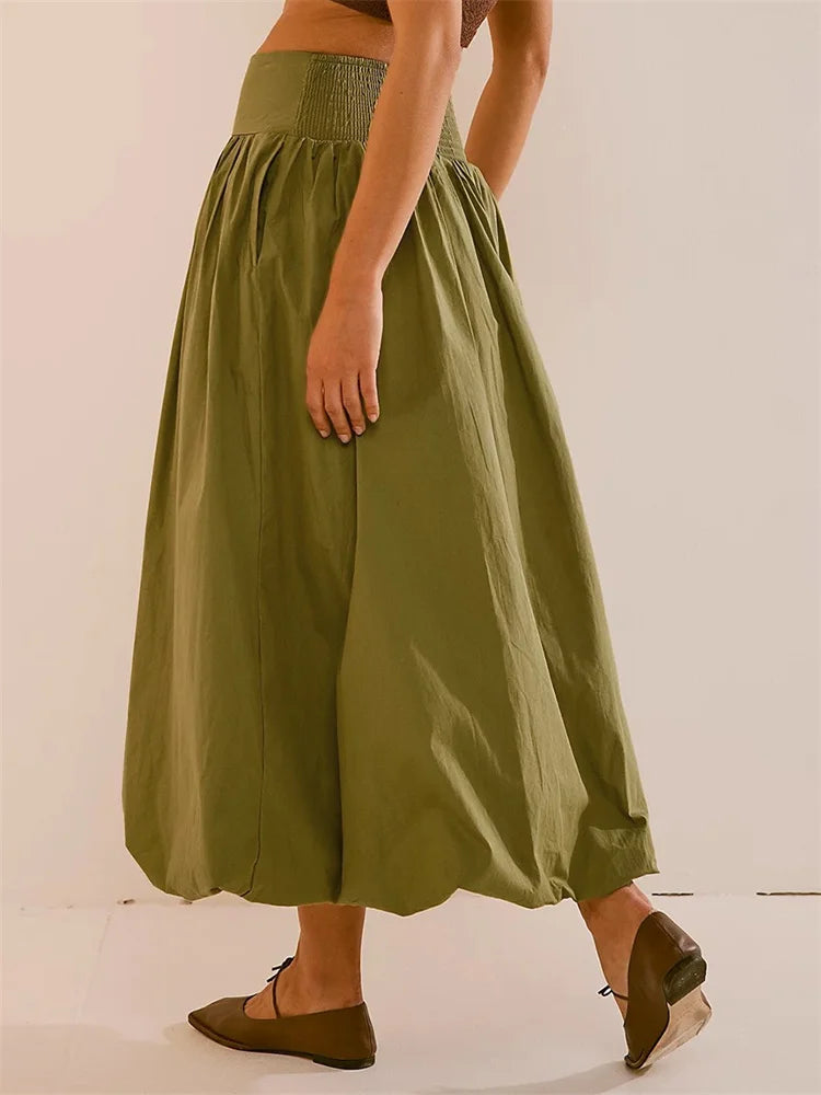 LIZAKOSHT  -  Women Long Maxi Skirts Casual Loose Fit Elastic Waist Solid Color Ruched Pleated Skirts for Summer Spring Streetwear