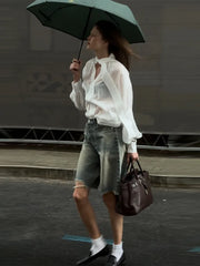 LIZAKOSHT  -  Commute Ribbon White Shirts Women Loose Puffy Long Sleeves See Through Blouse Female Spring Summer New Chic Streetwears