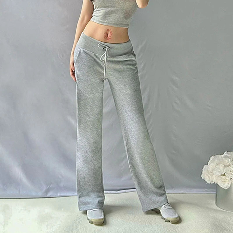 LIZAKOSHT  -  Simple Leisure Gray Elastic Drawstring Pockets Patchwork Straight Sweatpants New Comfort Fashion Street Sporty Bottoms