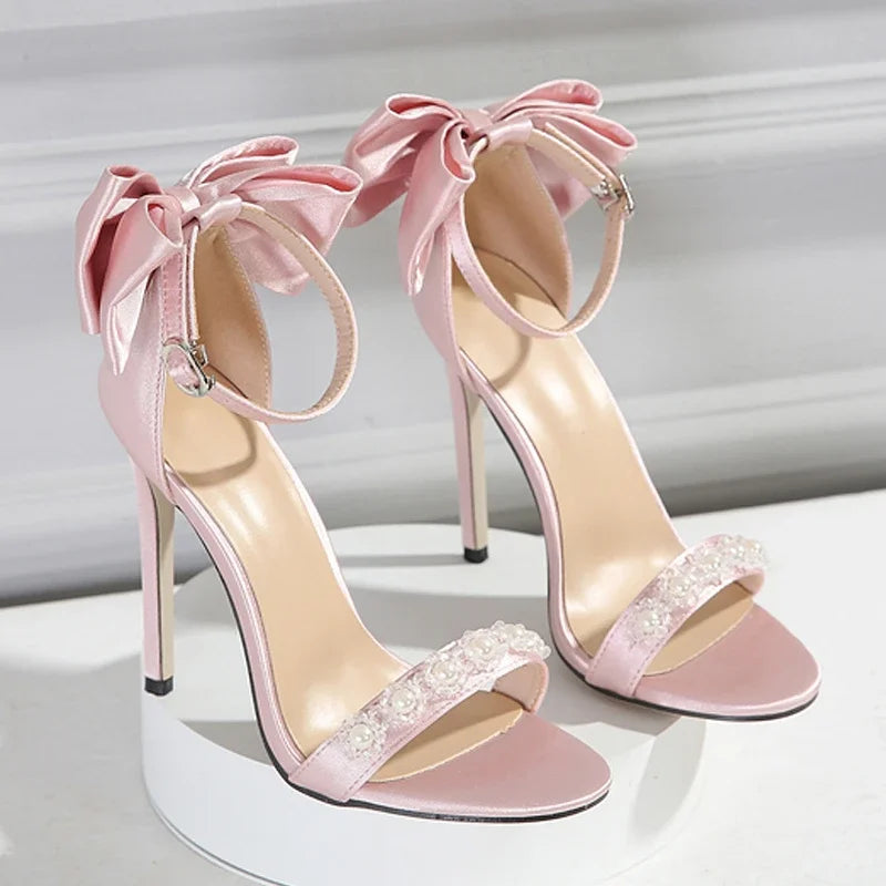 LIZAKOSHT  -  Pearl Satin Bowknot Sexy Thin High Heels Women Crystal Striptease Shoes Female Luxury Party Dress Shoes Women Sandalias De Mujer