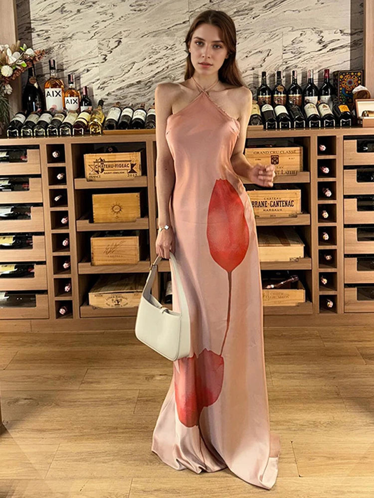 LIZAKOSHT  -  Elegant Print Halter Long Dress Women Backless Lace Up Sleeveless Beach Vestido Female 2025 Spring Summer Fashion Chic Dresses