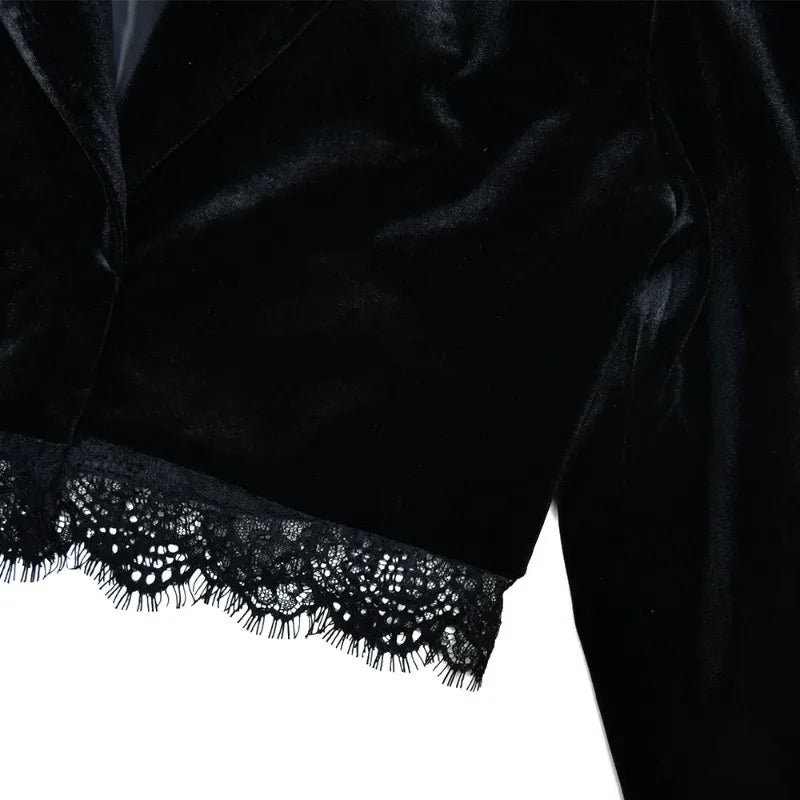 LIZAKOSHT  -  Women Fashion Lace Patchwork Velvet 2 Piece Set Long Sleeve Blazers Coat Crop Tops + Shorts Elegant Office Lady Casual Suits