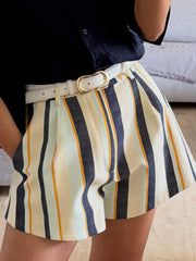 LIZAKOSHT  -  Striped Pleated Casual Bottom Adjustable Waist  A-Line Spring Summer Chic Seaside Shopping Casual Work Women Retro Outfit