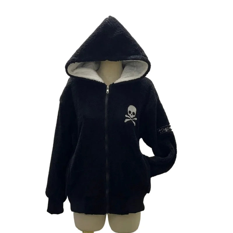 LIZAKOSHT  -  American Vintage Punk Embroidery Cross Autumn Winter Cardigan Hooded Sweatshirt Jacket Fleece Streetwear Black Long Sleeve Coat