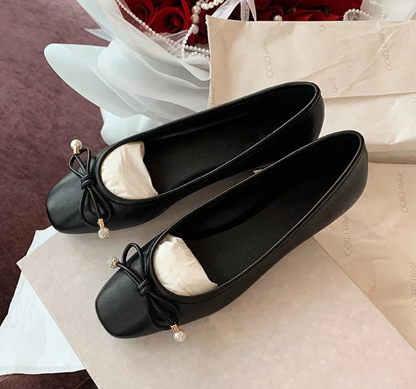 LIZAKOSHT -  Luxury Glitter Sequins Bowtie Ballets Shoes Ladies Square Toe Silver Flats Woman Slip On Moccasins Female Soft Soled Ballerinas