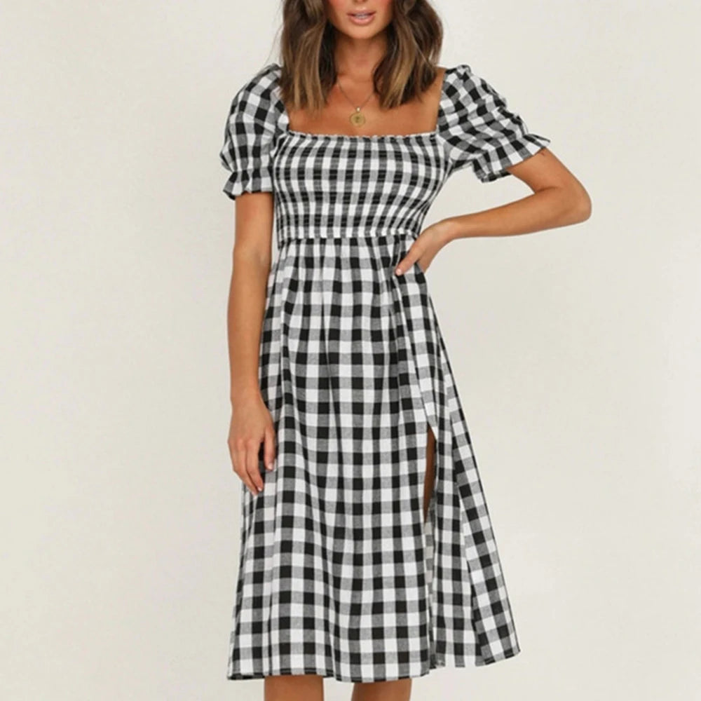 LIZAKOSHT  -  Womens Spring Cotton Plaid Check Puff Sleeve Midi Dress Ladies Summer Holiday Beach Split Sundress For Free Shipping