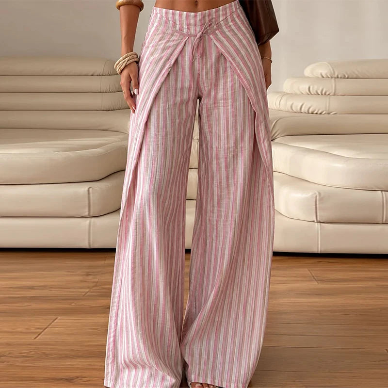 LIZAKOSHT  -  Pants Leg Stripe Women Trousers Adjustable Waist Wrap Loose Summer Floor Length Boho Palazzo Trousers Women Outfit For Women
