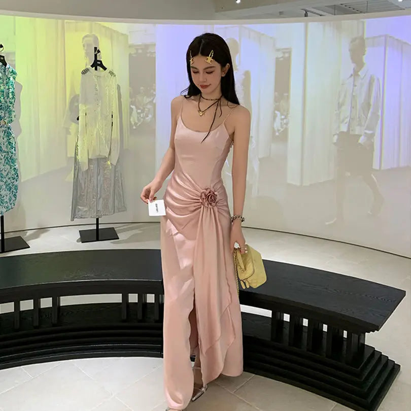 LIZAKOSHT  -  Suspender Dress Slit Satin Rose Flower Ribbon Pleated Design Pink High Quality Summer New Niche Suspender Long Dress