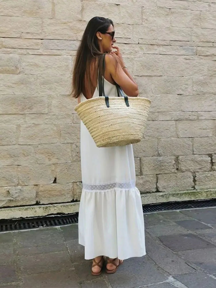LIZAKOSHT  -  Women Elegant Lace Patchwork Sling Maxi Dress Fashion V-neck Sleeveless Pleated Hem Dresses Summer Lady Loose Beach Robes 2024