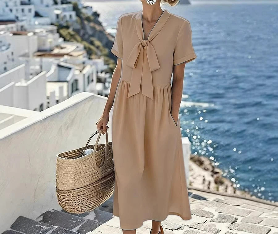 LIZAKOSHT  -  Summer New Bow V-neck Long Short-sleeved Solid Color Dress Temperament Casual Skirt