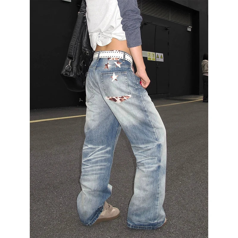 LIZAKOSHT  -  Women's Gothic Y2k Blue Jeans Vintage Hiphop Grunge American Splicing Jeans Pants Baggy Boyfriend Wide Leg Denim Pants