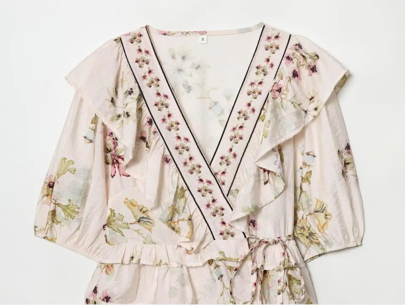 LIZAKOSHT  -  BOHO Light Pink Floral Print Tie Bow Sashes Wrap Shirt Short Women V neck Puff Sleeve Wood ears Waist Kimono Blouse Holiday Cape