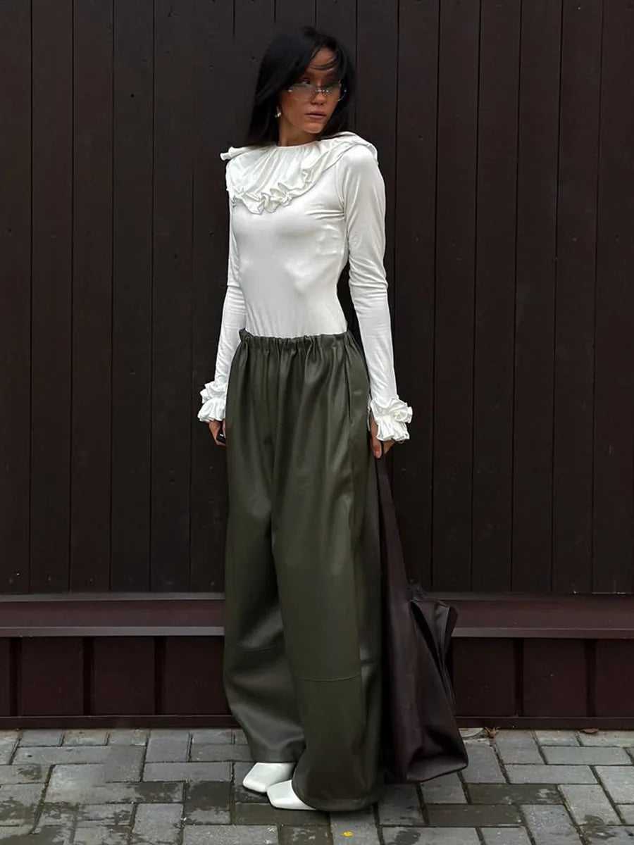 LIZAKOSHT  -  Womens Autumn Winter PU Lantern Pants Elegant Lazy Drawstring Casual Army Green Wide Leg Leather Pants