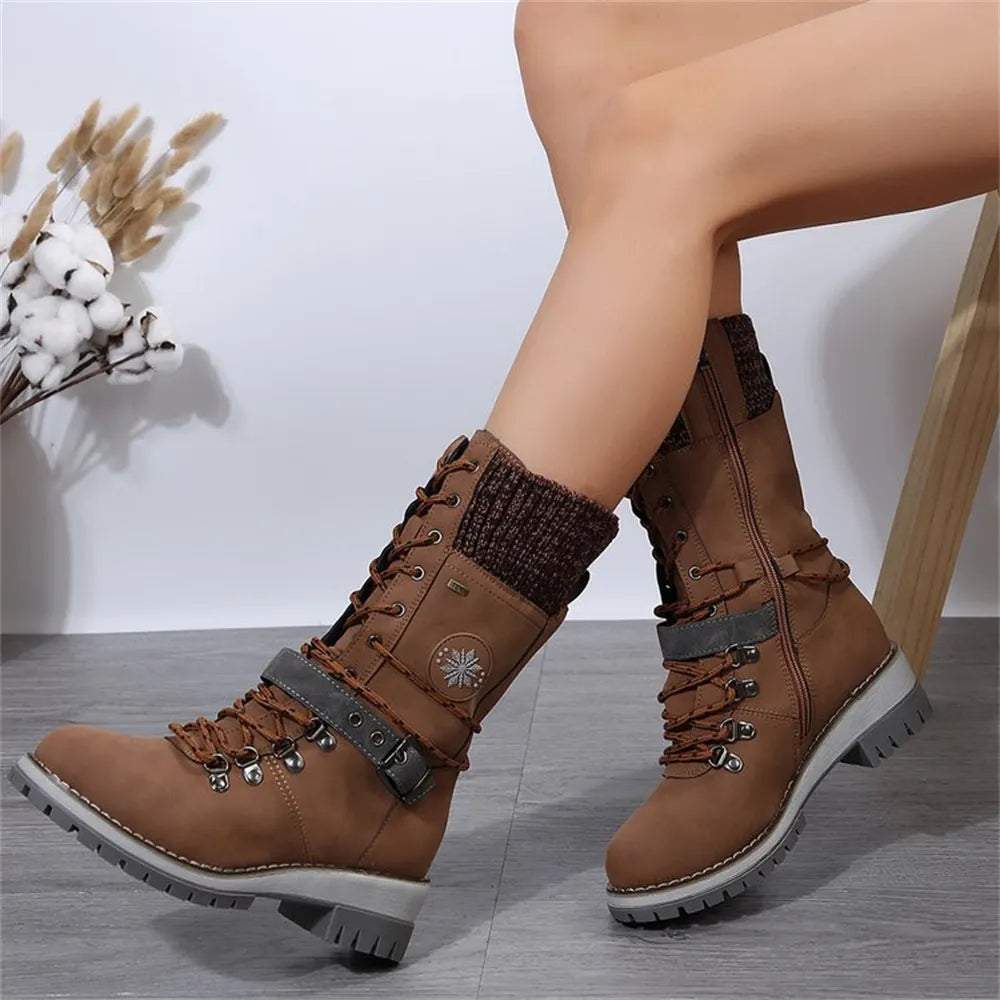 LIZAKOSHT  -  Plus Size 43 Women's Fashion Thermal Mid Calf Boots Knitted Splicing Lace Up Side Zipper Winter Boots Wedges heels Outdoor Boots