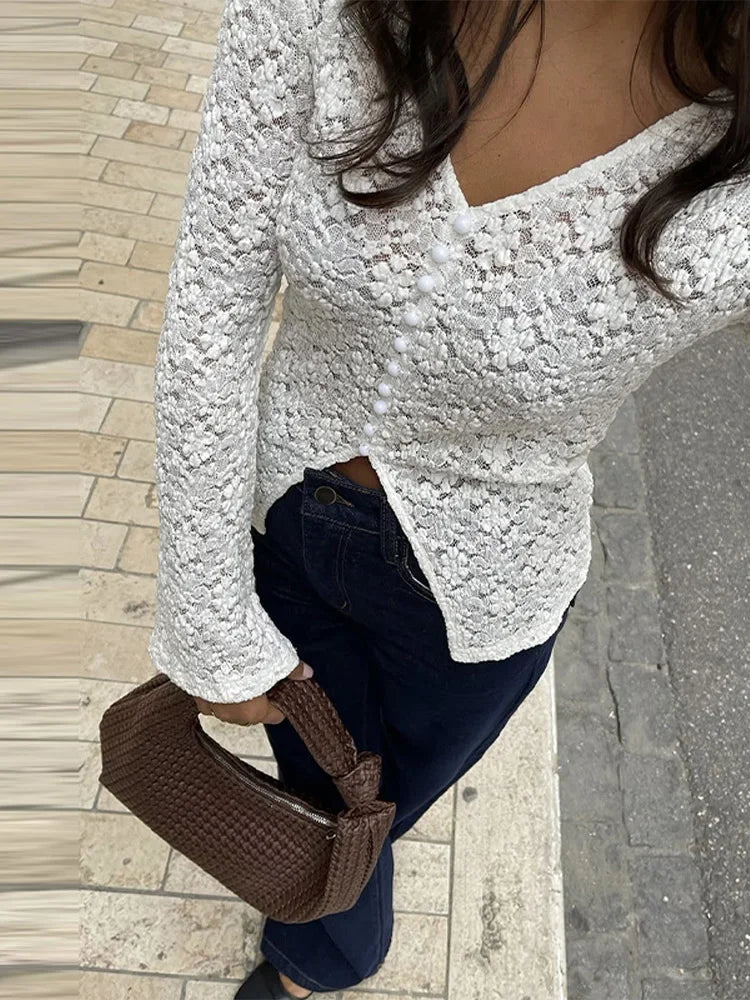 LIZAKOSHT  -  Lace Hollow Out Tops For Women v-neck Sleeveless Single Breasted Front Split Skirts 2025 Summer Female Daily Casual Outerwear