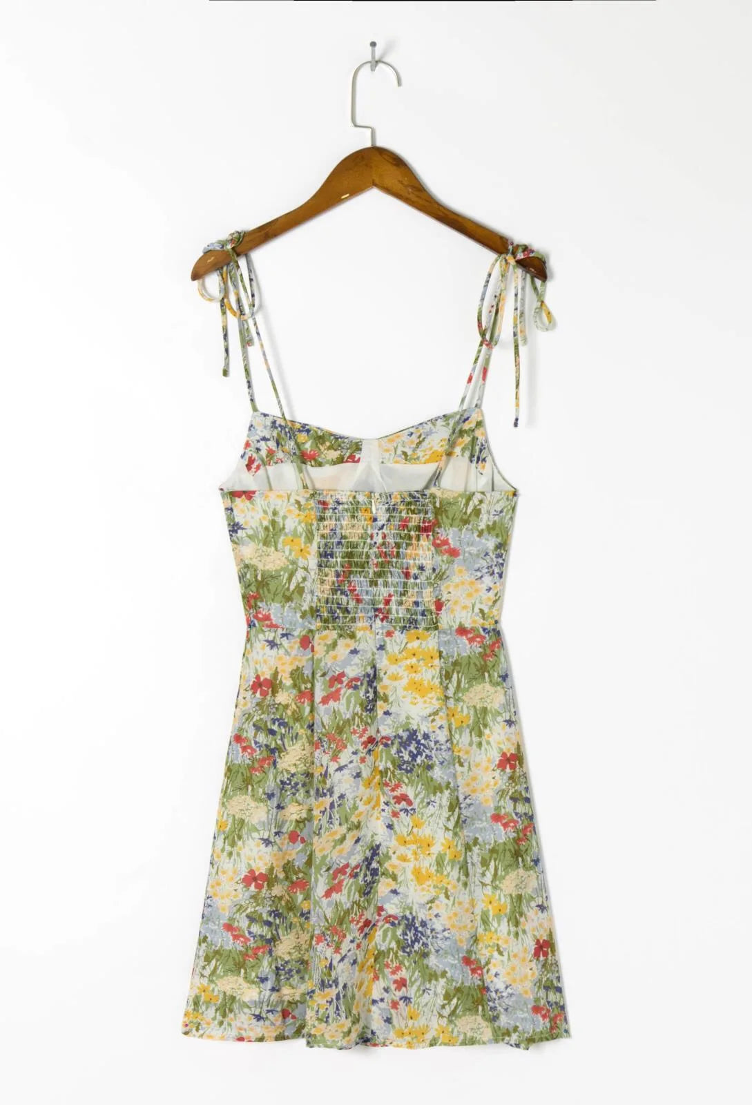 LIZAKOSHT  -  Sexy Women Lacing Up Sling Short Dresses Holiday Robe Retro French Yellow Green Floral Grass Print Spaghetti Strap Dress