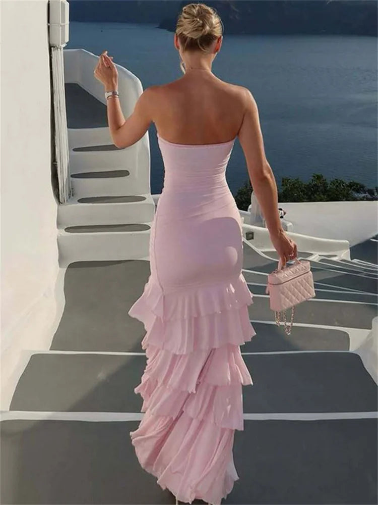 LIZAKOSHT  -  Ruffled Fashion Bandeau Maxi Dress For Women High Waist Slim Backless Patchwork Summer New Dress Female Bodycon Dress