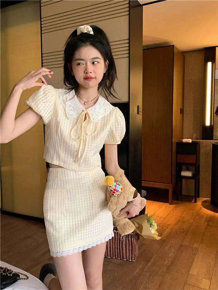 LIZAKOSHT  -  Summer Yellow Fashion 2 Piece Sets Cute Girl Short Puff Sleeve Lace Doll Collar Shirt Top&Mini Skirt 2pc Dress Suits