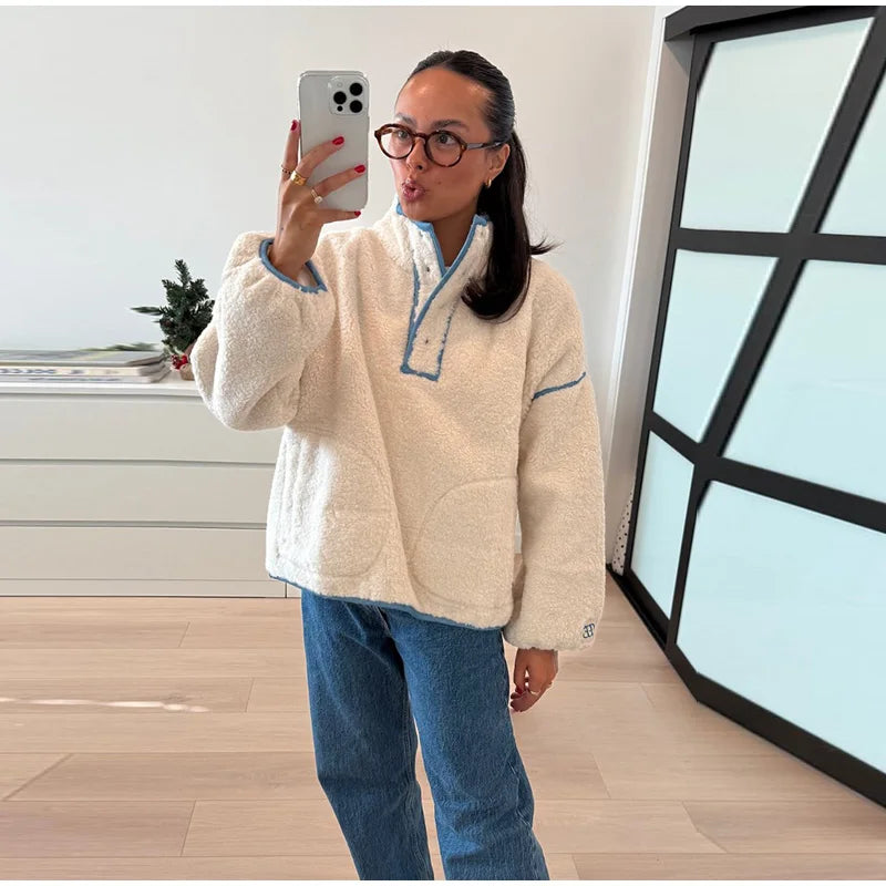 LIZAKOSHT  -  Faux Shearling Stand Collar Sweatshirt Tops Women's Long Sleeve Oversized Chic Cozy Outerwear Autumn New Casual Girls Outfit