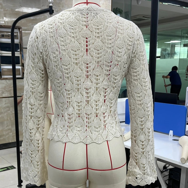 LIZAKOSHT  -  Women Vintage Front Tie Cardigan Crochet Hollow Out Knitted Sweaters Fall Long Sleeve Bolero Shrug Y2K Knitted Tops