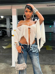 LIZAKOSHT  -  Summer White Sexy See Through Chiffon Tops Concert Party For Woman 2024 Long Sleeve Off Shoulder Irregular Chic Crop Top