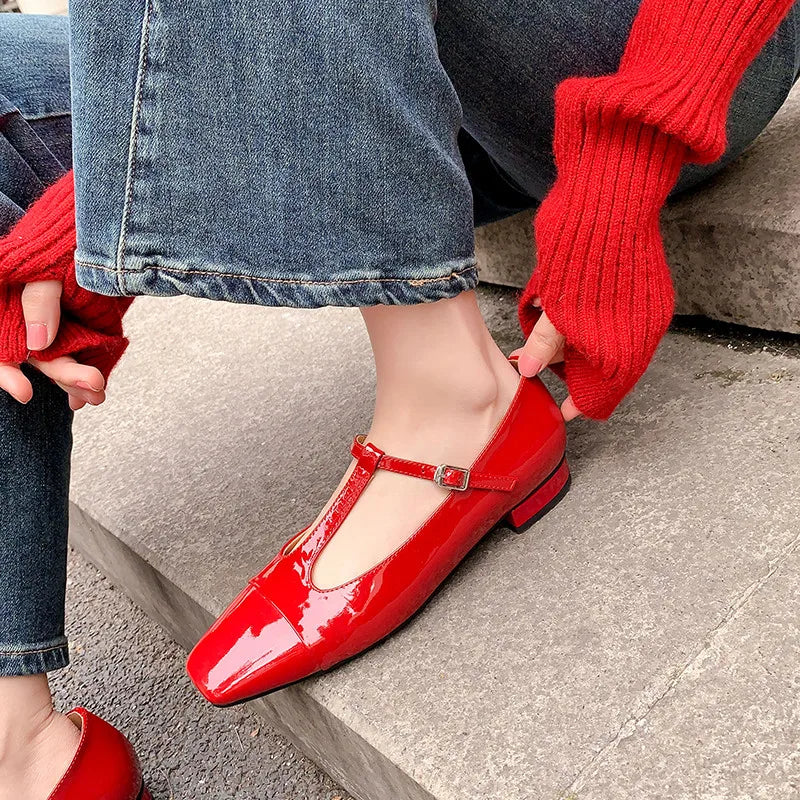 LIZAKOSHT  -  Fashion Flat Shoes New High Quality True Leather Square Head T-shaped Flat Bottom Mary Janes Shoes Modern Women's Shoes