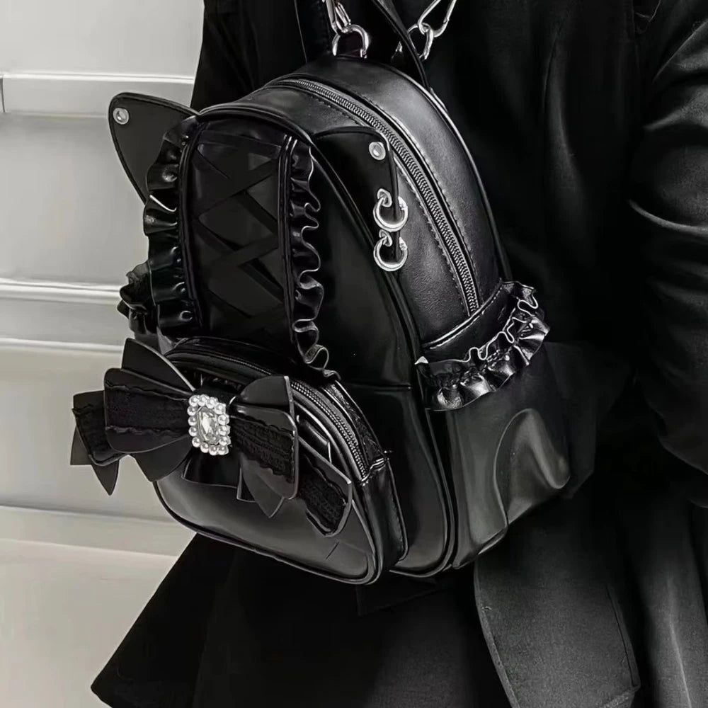 LIZAKOSHT  -  Korean Fashion Y2k Punk Backpack Lace Bow Cat Ear Lotus Lace Decoration Lolita Backbag PU Leather Large Capacity Women Backpack