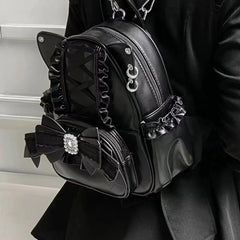 LIZAKOSHT  -  Korean Fashion Y2k Punk Backpack Lace Bow Cat Ear Lotus Lace Decoration Lolita Backbag PU Leather Large Capacity Women Backpack