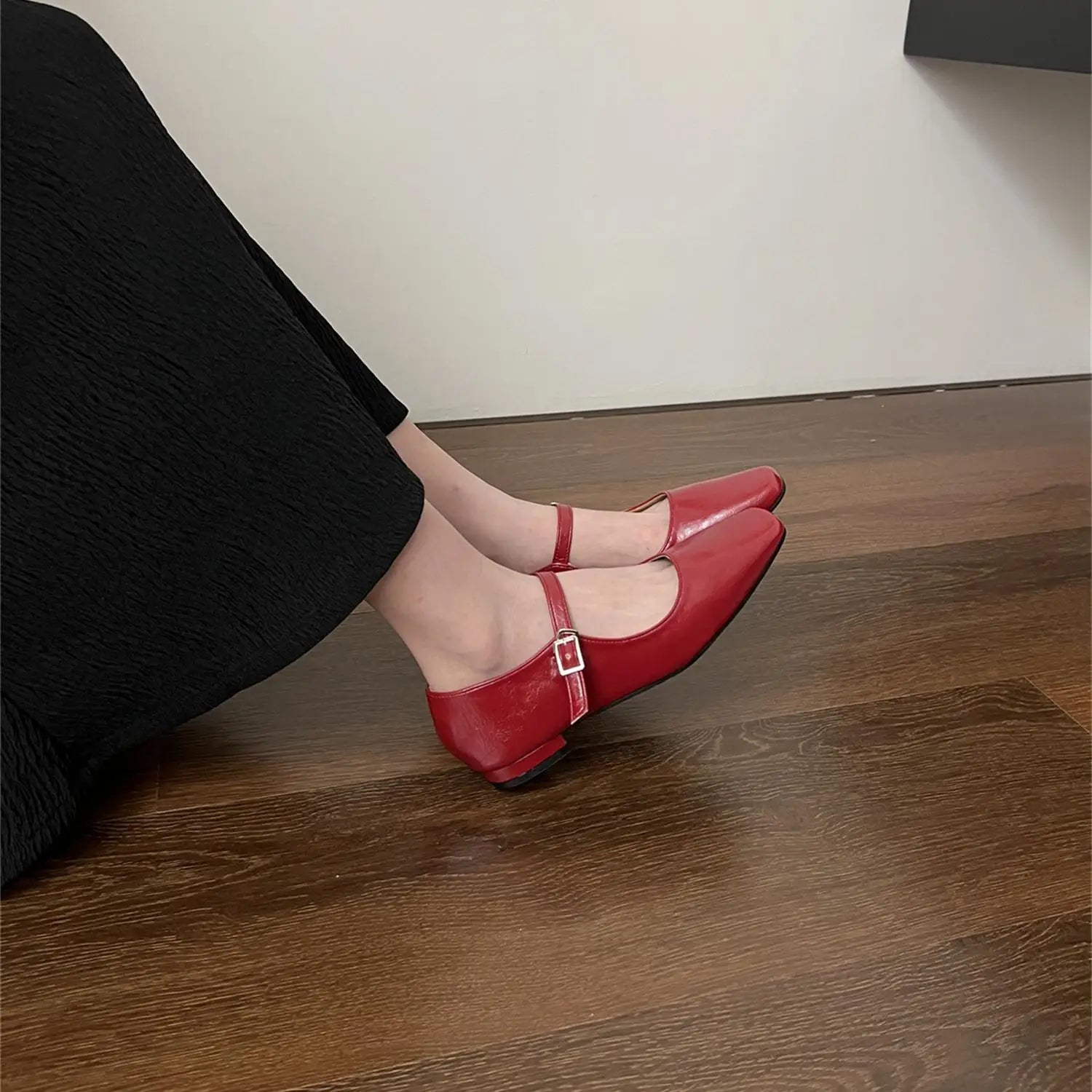 LIZAKOSHT -  Silver Ballerina Shoes Woman Belt Strap Mary Janes Lolita Square Toe Flats OL Ladies Dress Mocasines Brides Wedding Ballets