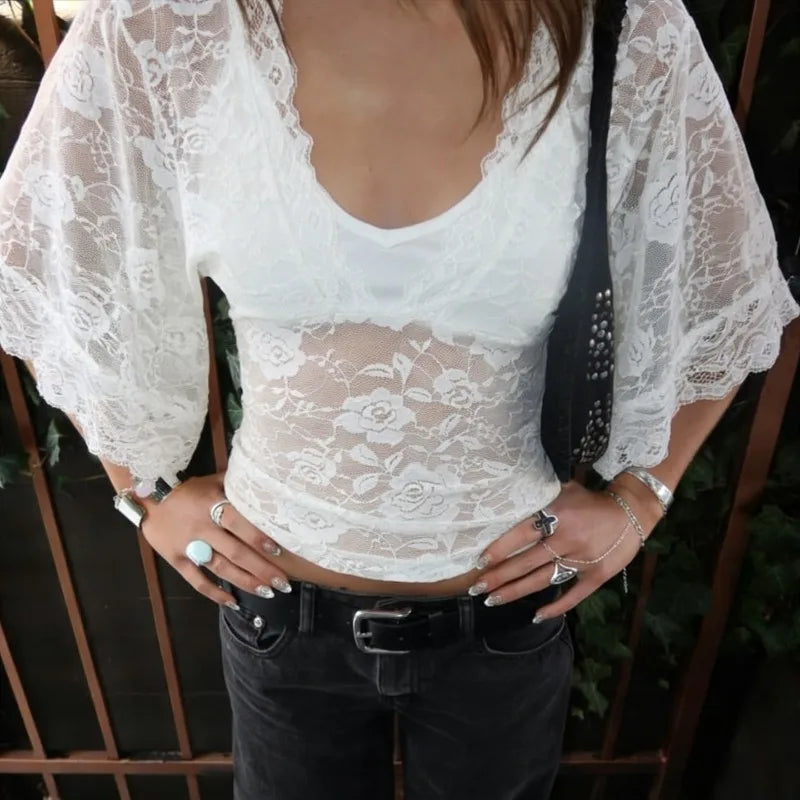 LIZAKOSHT  -  New Euramerican Summer Spliced Lace Fake Two Piece Y2k V Neck Half Sleeve See-throught Women Shirts Harajuku Temperament Tops