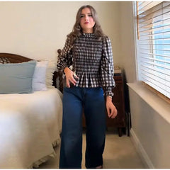 LIZAKOSHT  -  Elegant French Chic Blouse Shirt Pink Plaid Vintage Ruffles Long Lantern Sleeve Slim Casual Ladies Women Blouses Top Streetwear