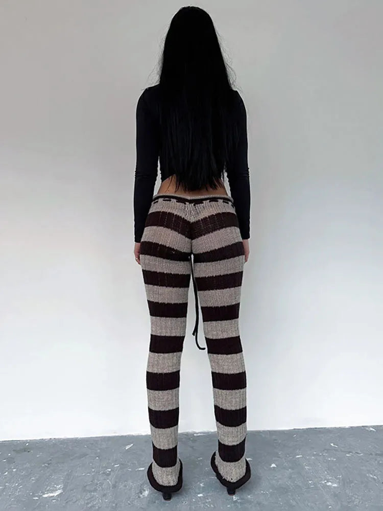 LIZAKOSHT  -  Knitted Sexy Low Waist Drawstring Women Pant Patchwork See Through Long Trousers Autumn Winter Slim Casual Streetwear