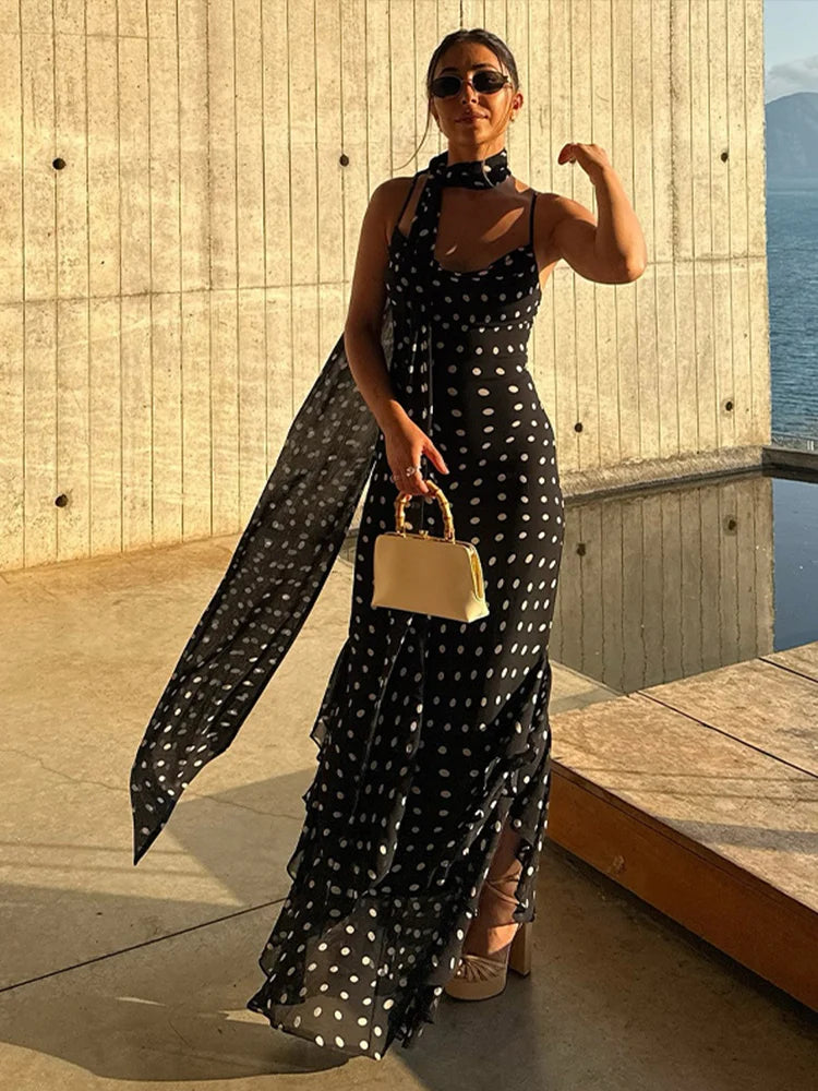 LIZAKOSHT  -  Halter Scarf Polka Dot Dress Pile Collar Slim Fit Suspender Lady Robes Beach Wrap Hip Fishtail Women's Camisole Long Dresses