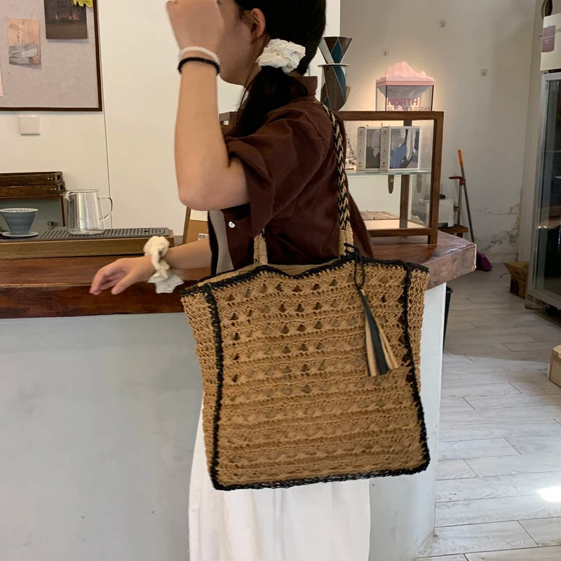 LIZAKOSHT  -  Mesh Crochet Beach Bags Women Hollow Out Straw Woven Tote Bag Seaside Vacation Square Knitted Handbag with Tassel