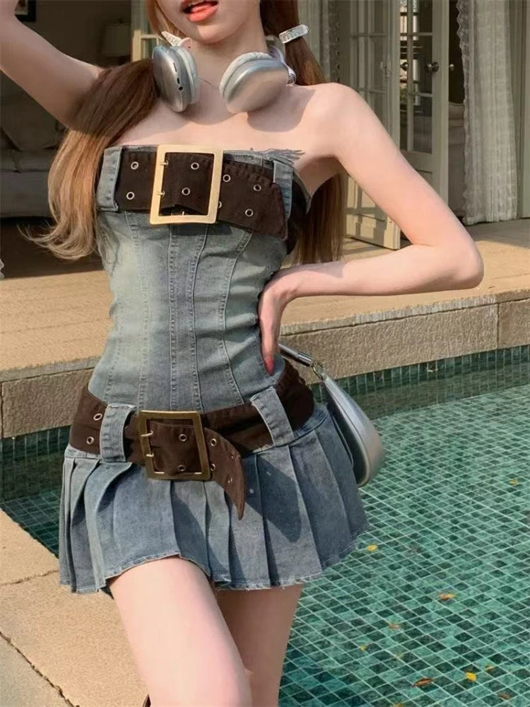 LIZAKOSHT  -  2000s Vintage French Style Slim Fit Dress Women Blue Elegant Denim Strapless Dresses New Summer Y2k Off Shoulder Casual Clothing