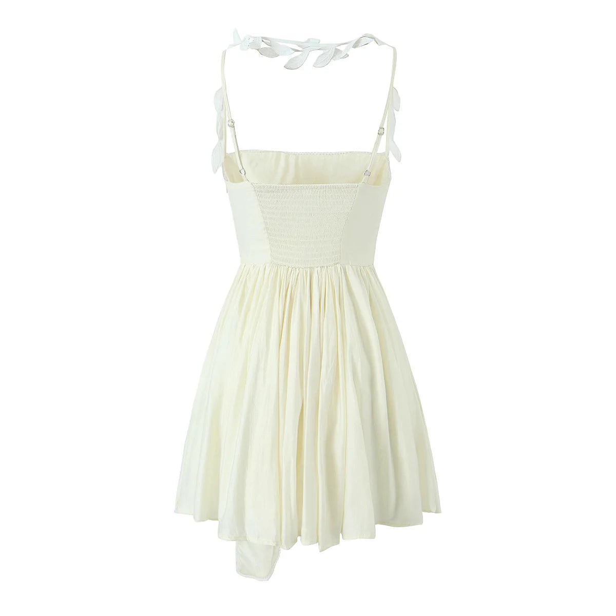 LIZAKOSHT  -  Women Bow Sashes Party Skater Short Sling Robe Vestido Sexy Beige Ruched Bra Corset style Halter Leaves Tassel Mini Dress