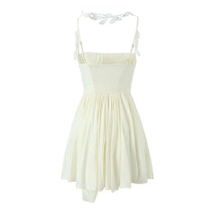 LIZAKOSHT  -  Women Bow Sashes Party Skater Short Sling Robe Vestido Sexy Beige Ruched Bra Corset style Halter Leaves Tassel Mini Dress