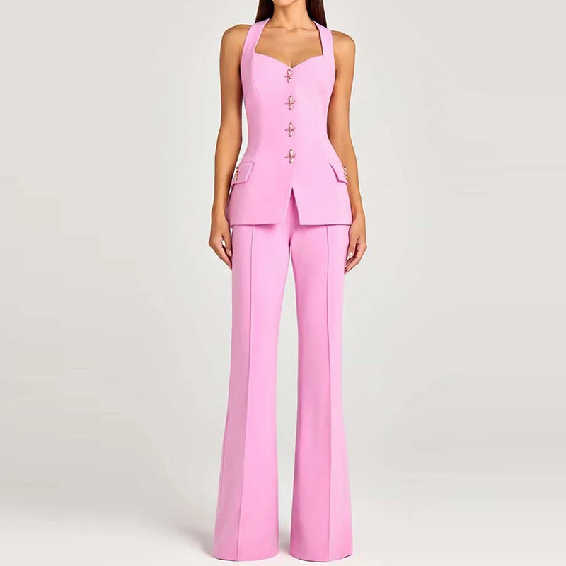 LIZAKOSHT  -  Women's Casual Commuting Solid 3 Piece Suit Elegant Button Long Sleeve Outfits Fashion Vest Top & Long Pant & Blazer Coats Sets