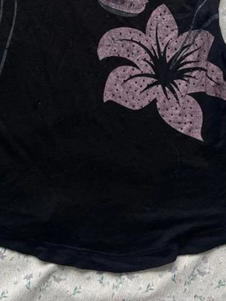 LIZAKOSHT  -  Y2k Aesthetic Flower Printing Women Grunge T-shirts Vintage Slim Harajuku Sexy Black Tshirts 2024 Summer Bottoming Crop Tops