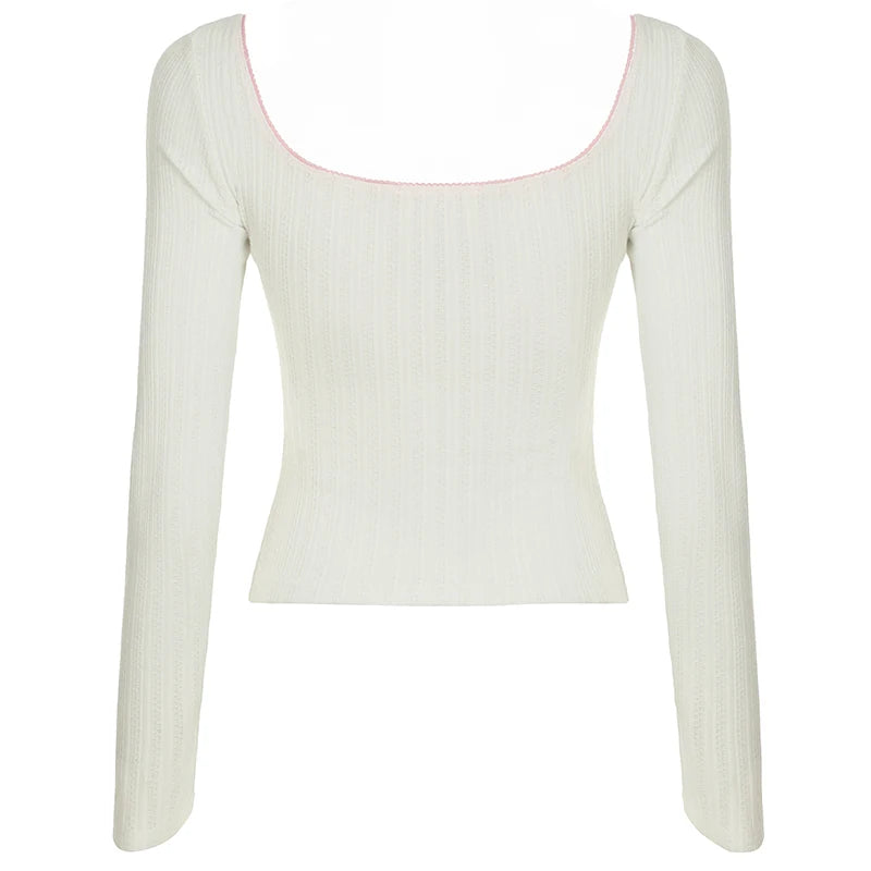 LIZAKOSHT  -  Contrast Lace V-neck Top Coquette Aesthetic Folds Chest Long Sleeve T-shirt Y2K Sexy Slim-fit Knitted Tops Fall Spring